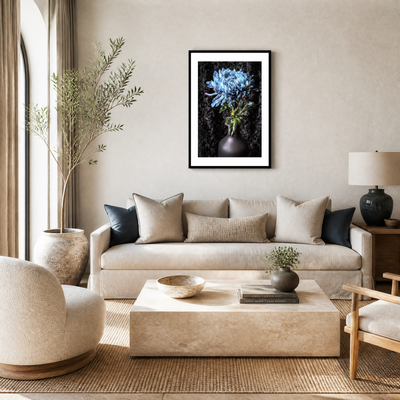 Modern living room with beige sofa, coffee table, and decorative elements. Blue Chrysanthemum ~ Fine Art Photography by Ivo Titzin ~ Limited Edittion Wall Decor by Gito Art
