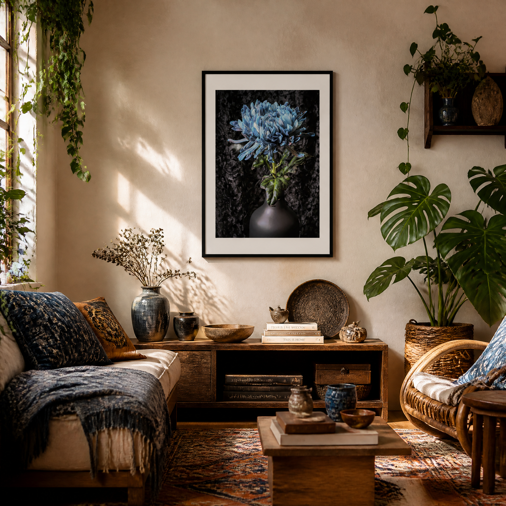 Cozy living room with plants, a sofa, and decorative items. Blue Chrysanthemum ~ Fine Art Photography by Ivo Titzin ~ Limited Edittion Wall Decor by Gito Art