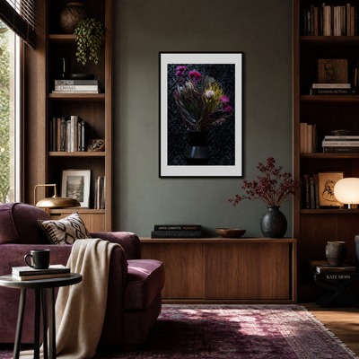 Living room with a purple sofa, bookshelves, and a framed picture on the wall ~ Fine Art Photography by Ivo Titzin ~ Luxury Wall Art by Gito Art  