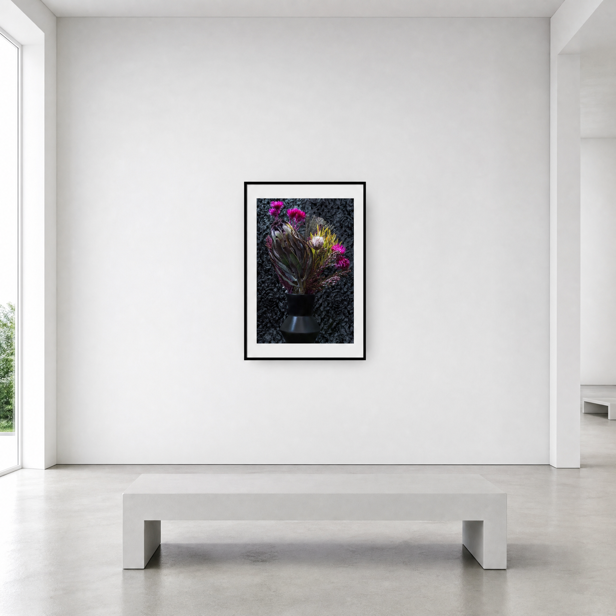 Framed artwork of flowers on a white wall with a bench below ~ Fine Art Photography by Ivo Titzin ~ Luxury Wall Art by Gito Art  