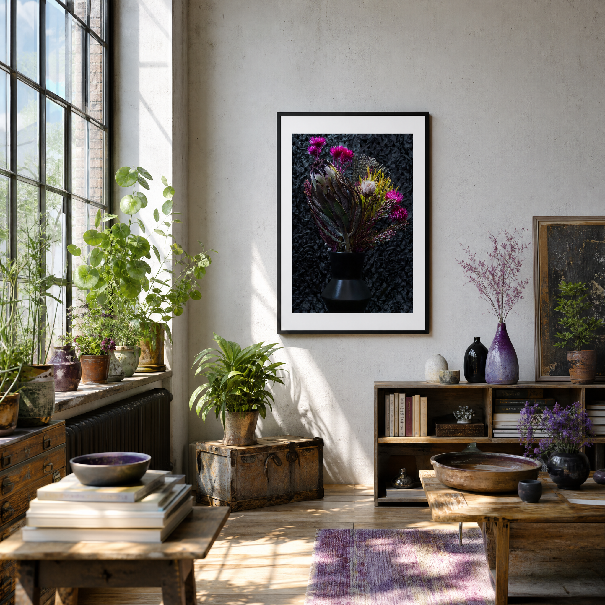 Living room with plants, books, and framed artwork on a wall. ~ Fine Art Photography by Ivo Titzin ~ Luxury Wall Art by Gito Art  