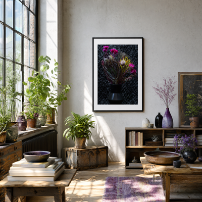 Living room with plants, books, and framed artwork on a wall. ~ Fine Art Photography by Ivo Titzin ~ Luxury Wall Art by Gito Art  