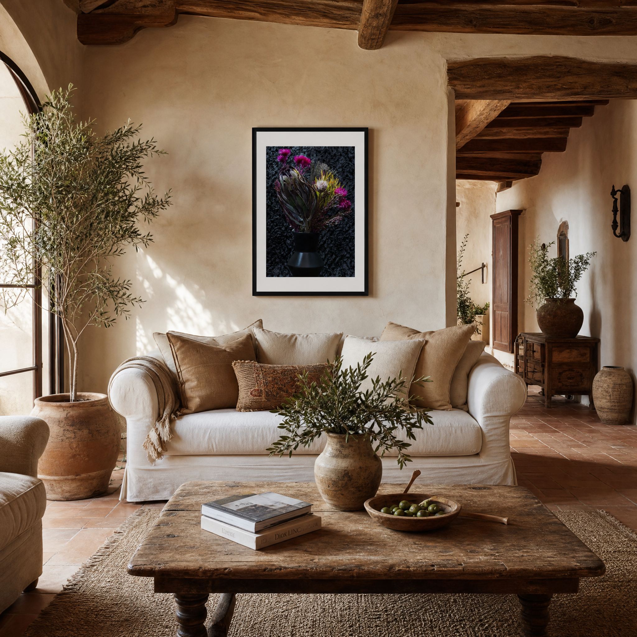 Living room with beige sofa, wooden coffee table, and decorative elements. ~ Fine Art Photography by Ivo Titzin ~ Luxury Wall Art by Gito Art  