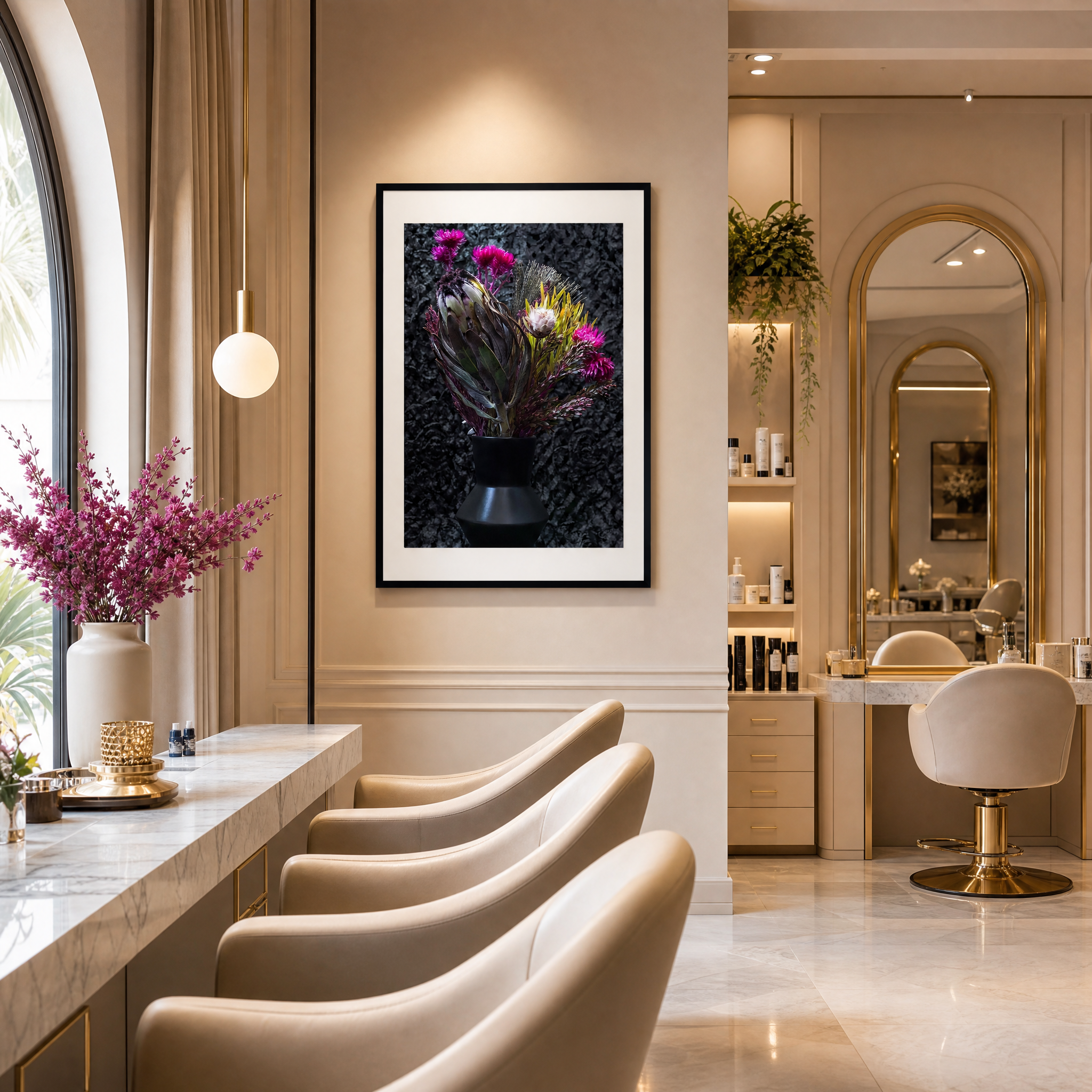 Modern interior design of a salon with chairs, counter, and decorative elements. ~ Fine Art Photography by Ivo Titzin ~ Luxury Wall Art by Gito Art  