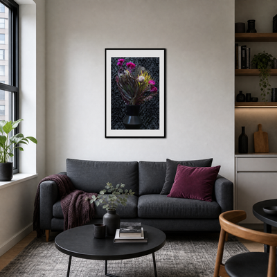 Modern living room with a gray sofa, coffee table, and decorative elements. ~ Fine Art Photography by Ivo Titzin ~ Luxury Wall Art by Gito Art  