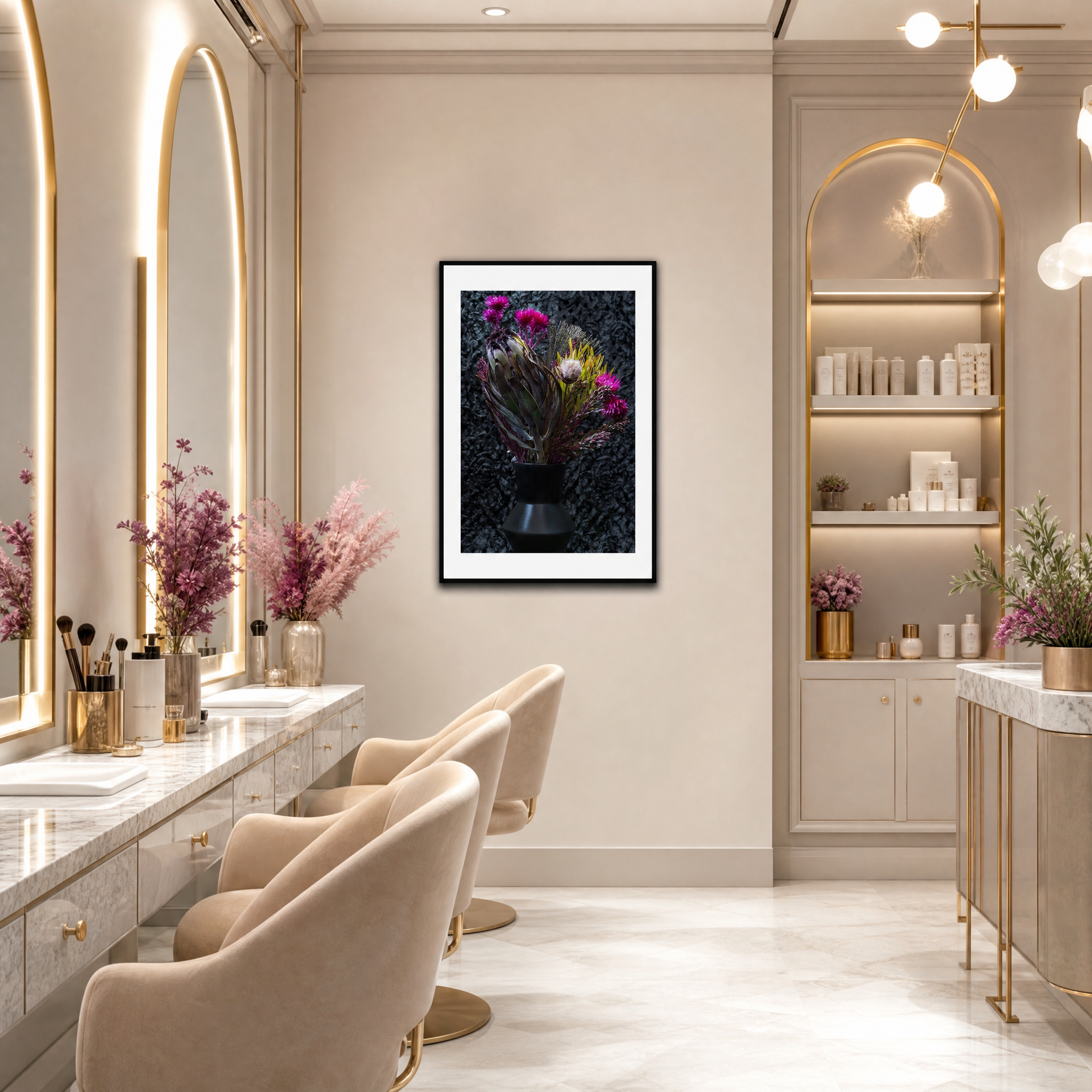 Modern salon interior with mirrors, chairs, and decorative elements. ~ Fine Art Photography by Ivo Titzin ~ Luxury Wall Art by Gito Art  