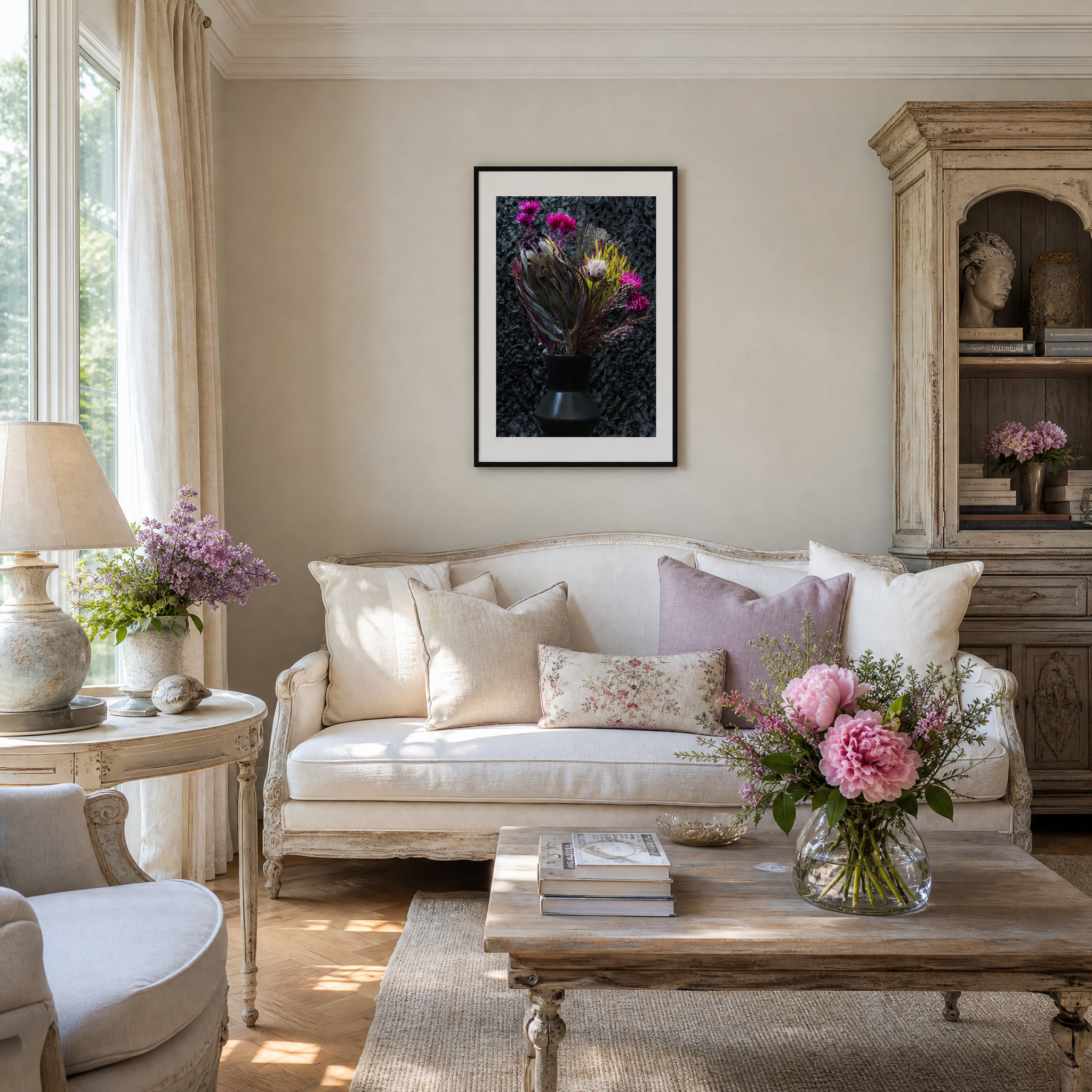 Living room with a white sofa, wooden coffee table, and decorative elements. ~ Fine Art Photography by Ivo Titzin ~ Luxury Wall Art by Gito Art  