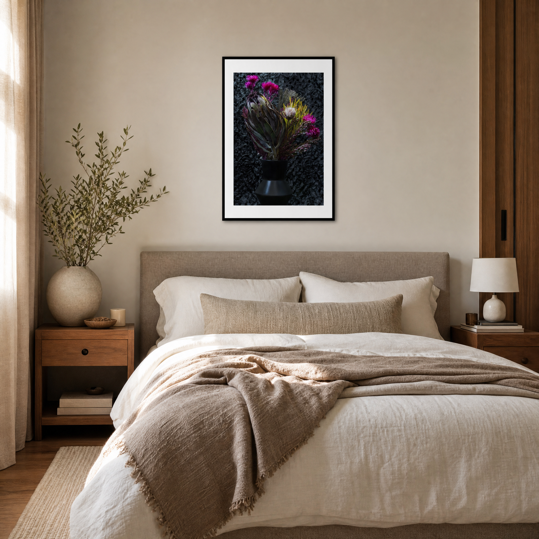 Neatly made bed in a bedroom with a framed picture on the wall, side tables, and decorative items. ~ Fine Art Photography by Ivo Titzin ~ Luxury Wall Art by Gito Art  