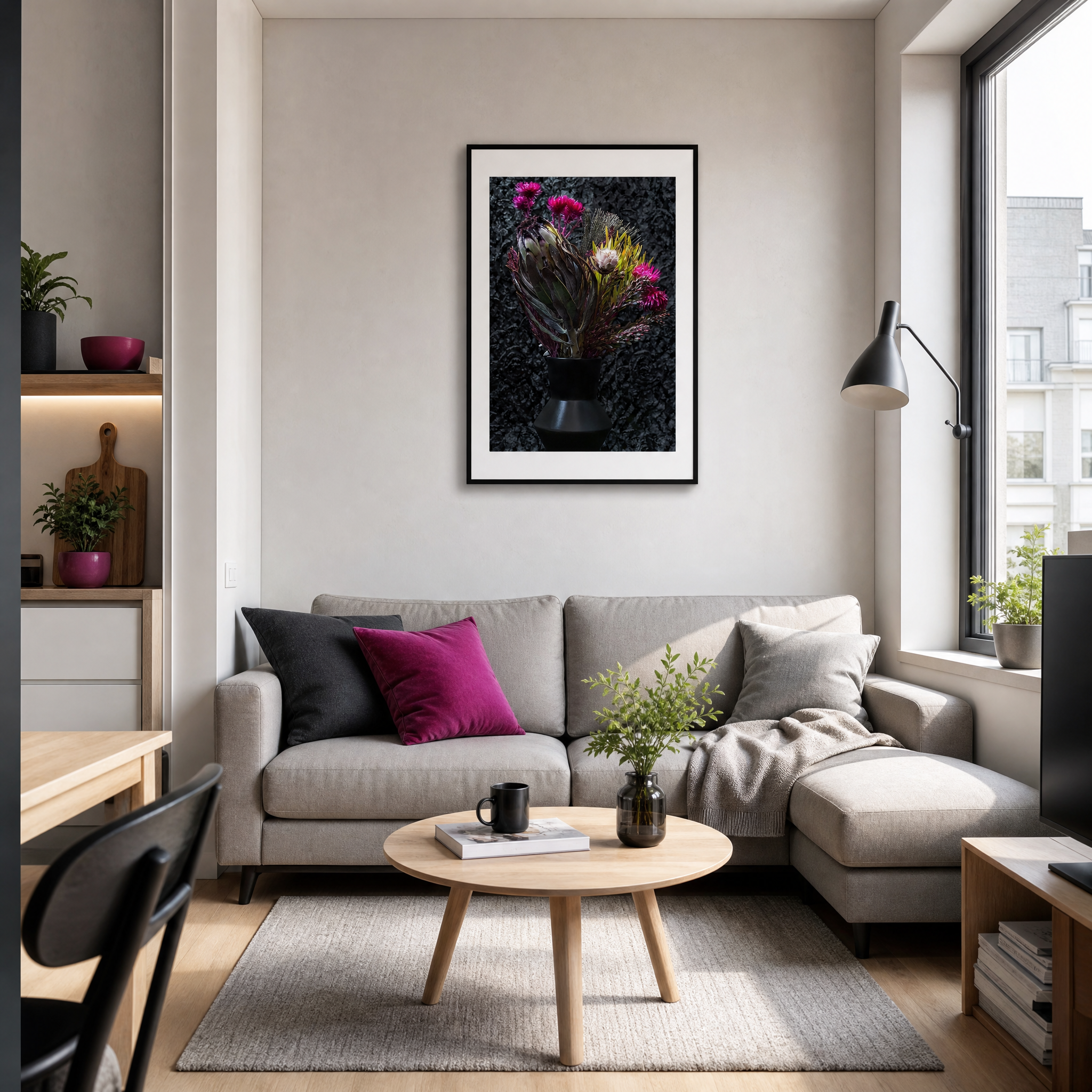 Modern living room with a gray sectional sofa, round wooden coffee table, and decorative elements. ~ Fine Art Photography by Ivo Titzin ~ Luxury Wall Art by Gito Art  