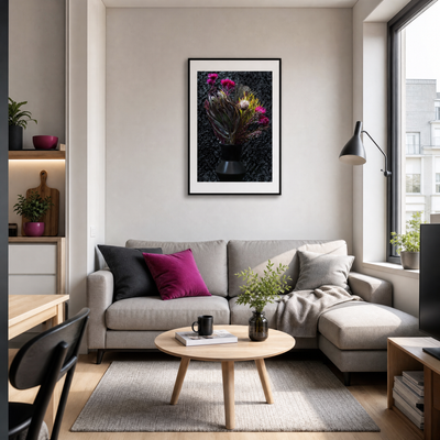 Modern living room with a gray sectional sofa, round wooden coffee table, and decorative elements. ~ Fine Art Photography by Ivo Titzin ~ Luxury Wall Art by Gito Art  