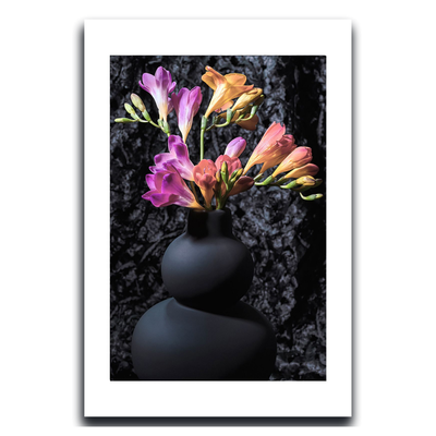 Black vase with colorful flowers on a dark background ~ Freesias ~ Fine Art Photograpphy by Ivo Titzin ~ Luxury Wall Art by Gito