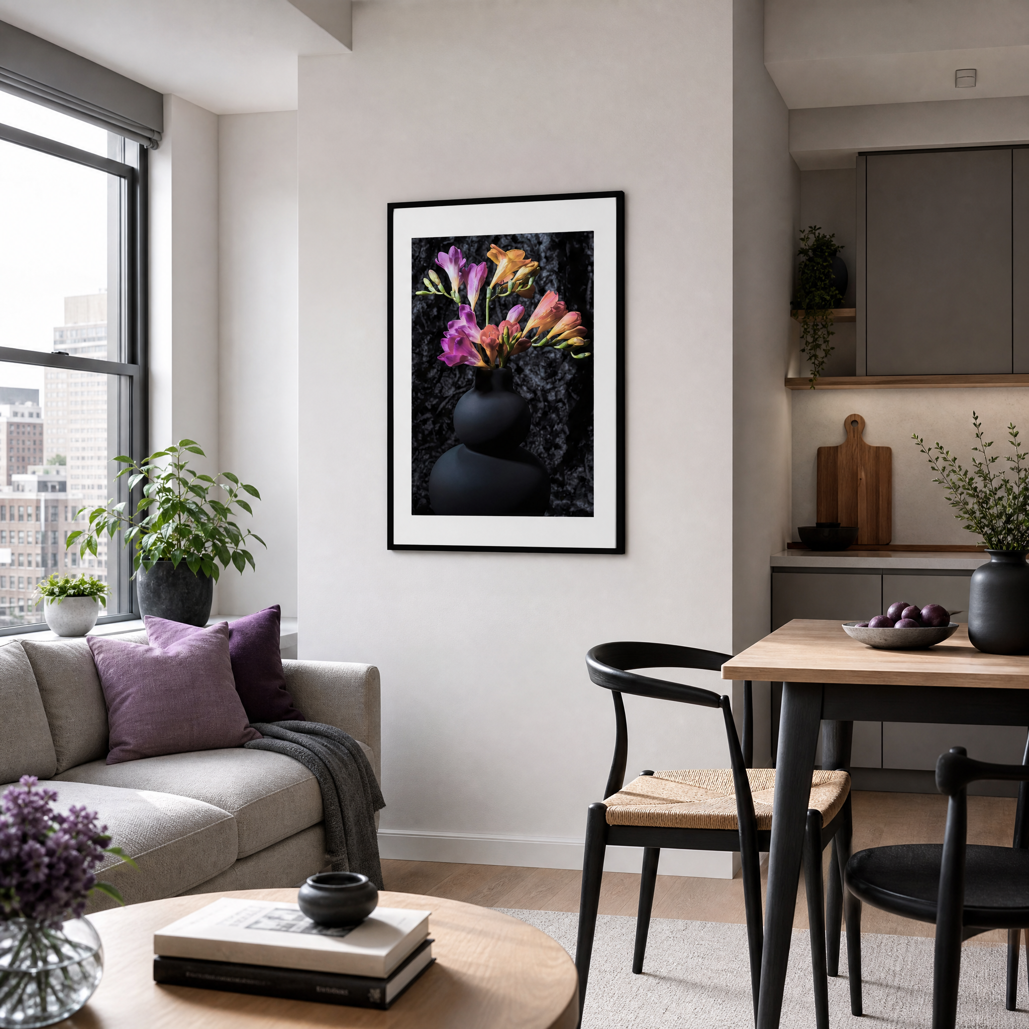 Modern living room with a framed artwork on the wall, a sofa, and a dining table.  ~ Fine Art Photograpphy by Ivo Titzin ~ Luxury Wall Art by Gito