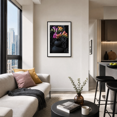 Modern living room with a white sofa, coffee table, and decorative elements.  ~ Fine Art Photograpphy by Ivo Titzin ~ Luxury Wall Art by Gito