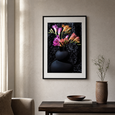 Framed artwork of flowers on a wall in a living room setting.  ~ Fine Art Photograpphy by Ivo Titzin ~ Luxury Wall Art by Gito