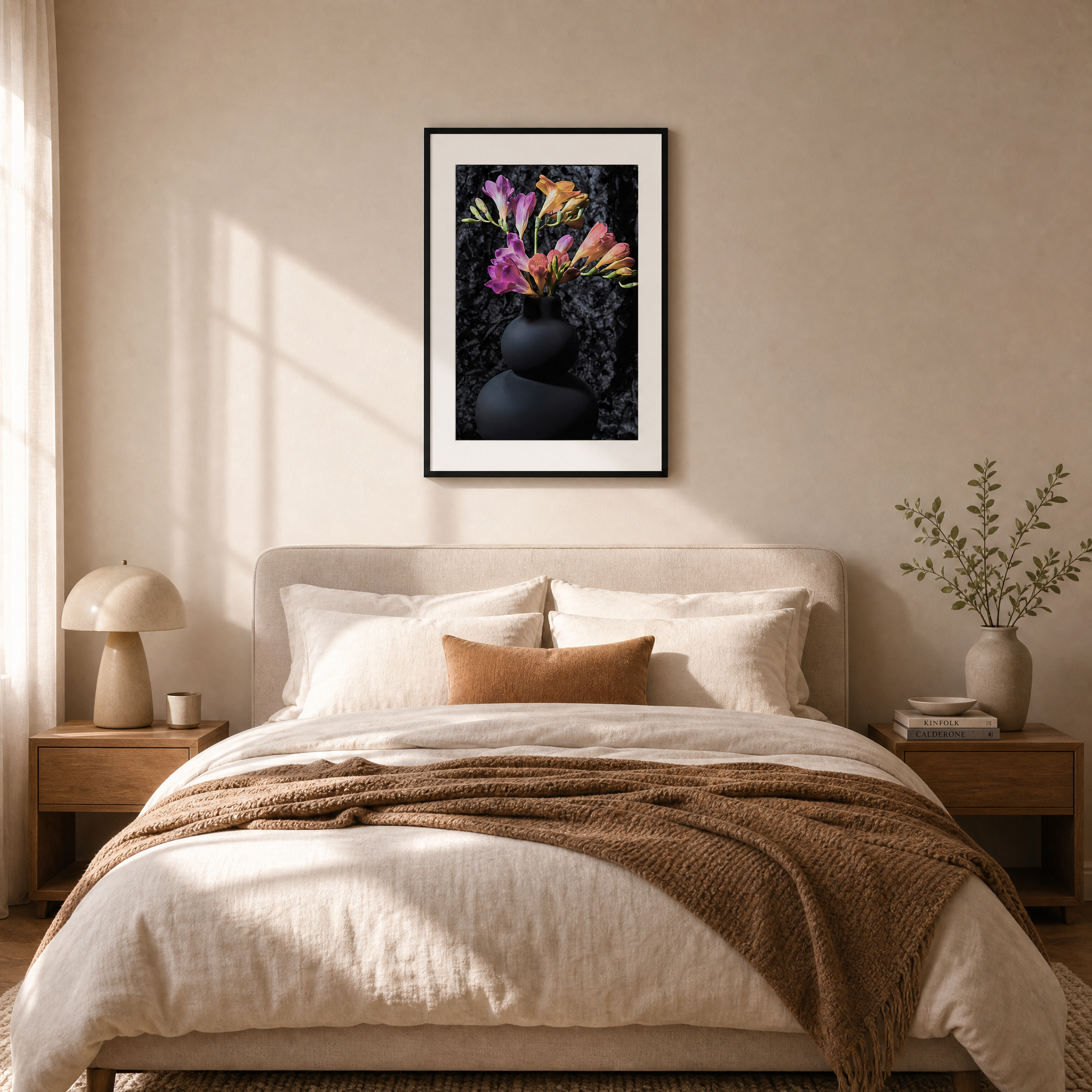 Bedroom with a bed, nightstands, and a framed artwork on the wall.  ~ Fine Art Photograpphy by Ivo Titzin ~ Luxury Wall Art by Gito