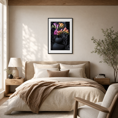 Neatly made bed in a bedroom with a vase of flowers on the wall above it.  ~ Fine Art Photograpphy by Ivo Titzin ~ Luxury Wall Art by Gito