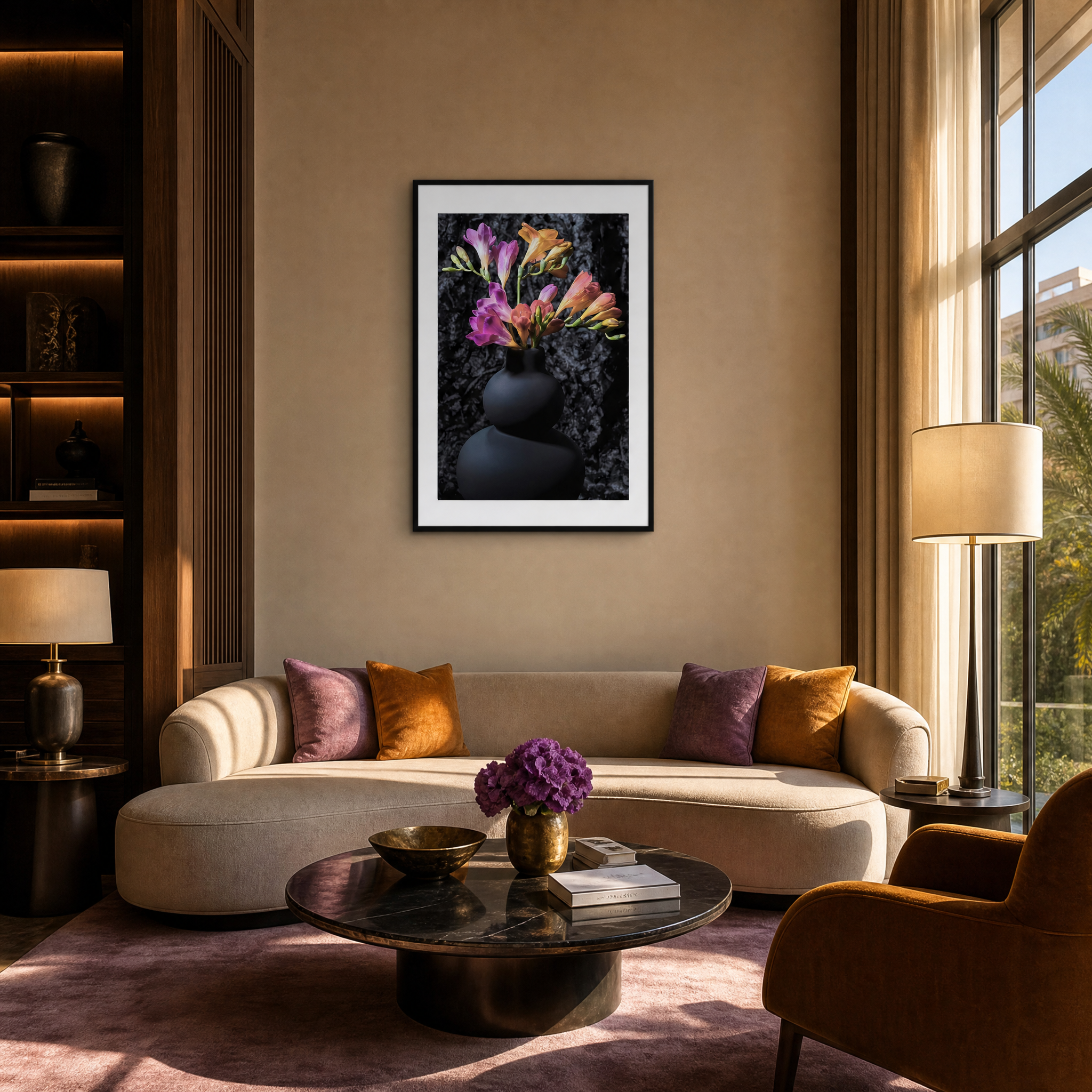 Modern living room with a beige sofa, decorative pillows, and a framed artwork on the wall.  ~ Fine Art Photograpphy by Ivo Titzin ~ Luxury Wall Art by Gito