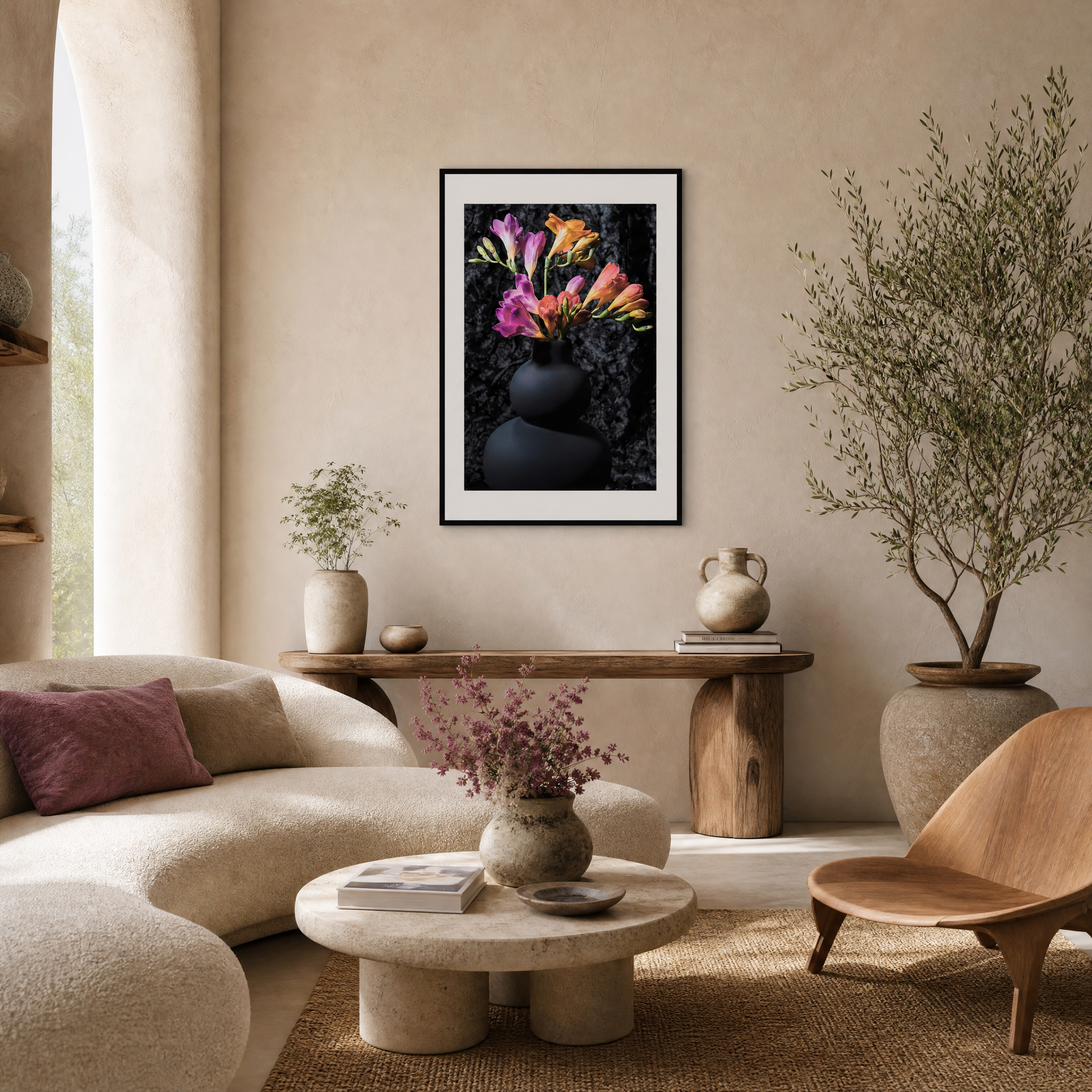 Modern living room with a vase of flowers, framed artwork, and decorative items.  ~ Fine Art Photograpphy by Ivo Titzin ~ Luxury Wall Art by Gito