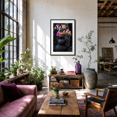 Modern living room with a pink sofa, wooden coffee table, and framed artwork on the wall.  ~ Fine Art Photograpphy by Ivo Titzin ~ Luxury Wall Art by Gito