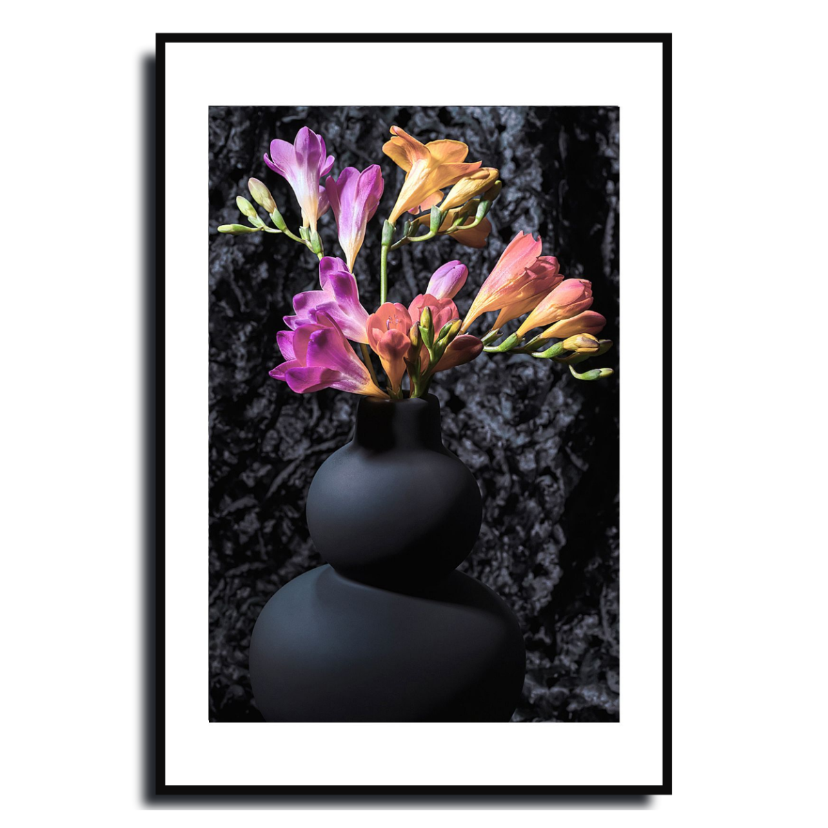 Framed artwork of a black vase with colorful flowers on a dark background ~ Fine Art Photograpphy by Ivo Titzin ~ Luxury Wall Art by Gito