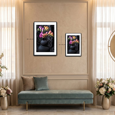 Two framed floral artworks on a beige wall above a light blue bench with decorative pillows  ~ Fine Art Photograpphy by Ivo Titzin ~ Luxury Wall Art by Gito