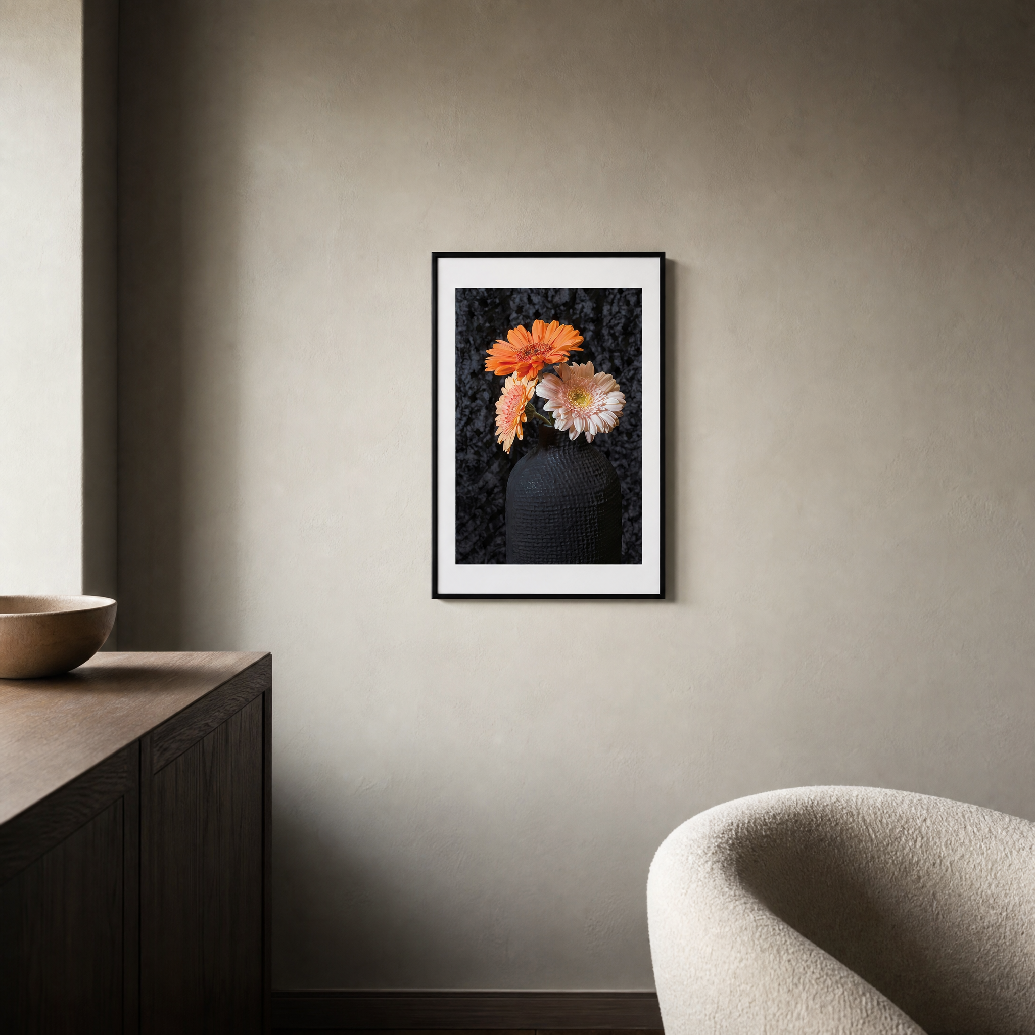 Framed artwork of flowers on a wall in a modern interior setting ~ Fine Art Photography by Ivo Titzin ~ Gito Luxury Wall Art 