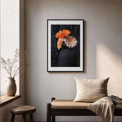 Framed floral artwork on a wall above a bench with a vase and stool.  ~ Fine Art Photography by Ivo Titzin ~ Gito Luxury Wall Art 