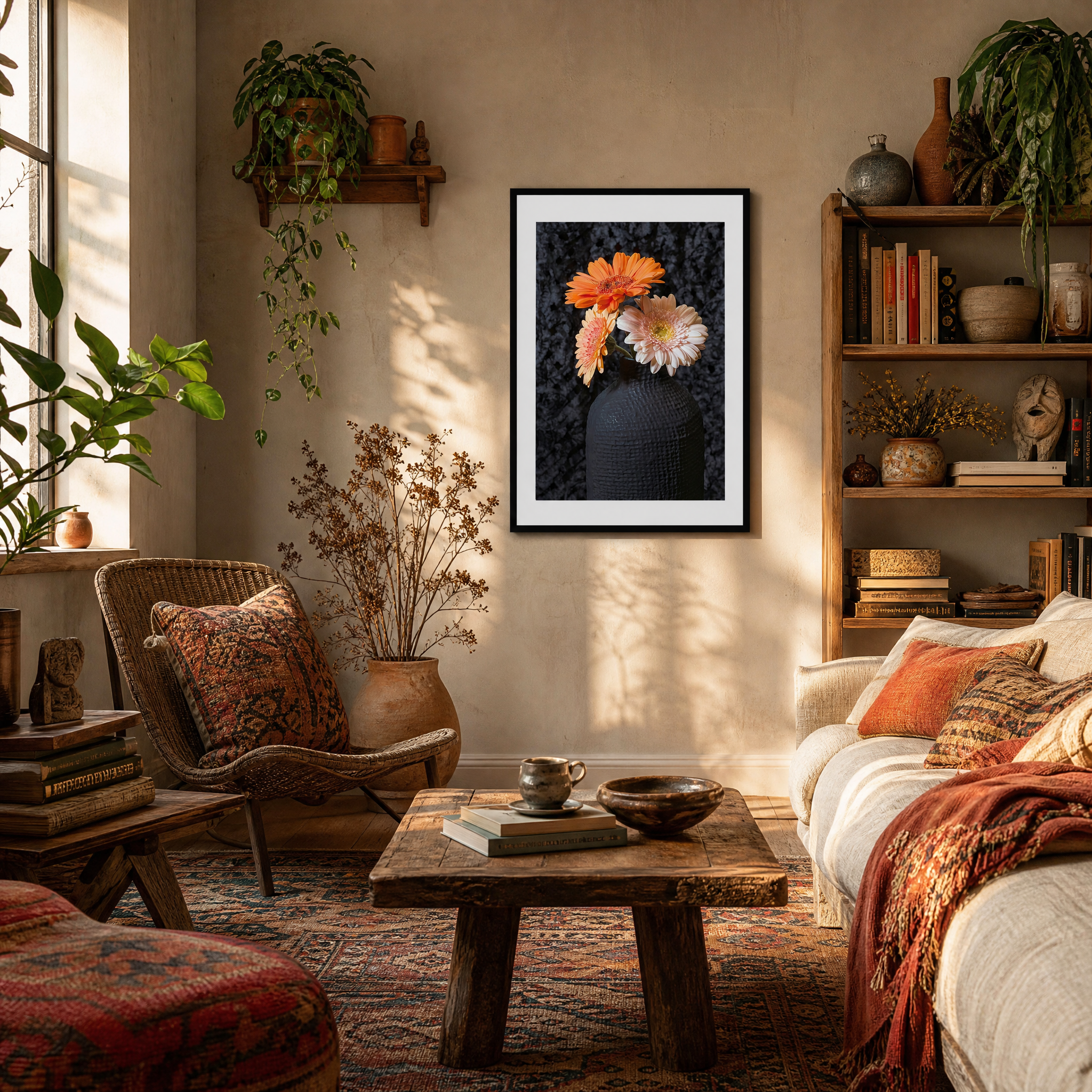 Cozy living room with a floral painting on the wall, wooden coffee table, and comfortable seating.  ~ Fine Art Photography by Ivo Titzin ~ Gito Luxury Wall Art 