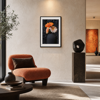 Modern living room with an orange armchair, decorative vase, and abstract sculpture.  ~ Fine Art Photography by Ivo Titzin ~ Gito Luxury Wall Art 