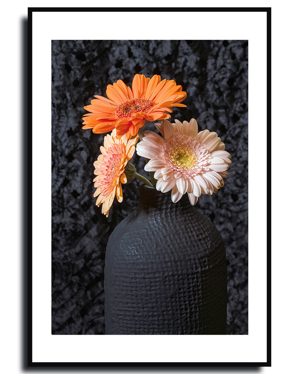 Framed photograph of a textured vase with three gerbera flowers against a dark background ~  Gerbera Daisies Fine Art Photography by Ivo Titzin ~ Gito Luxury Wall Art 