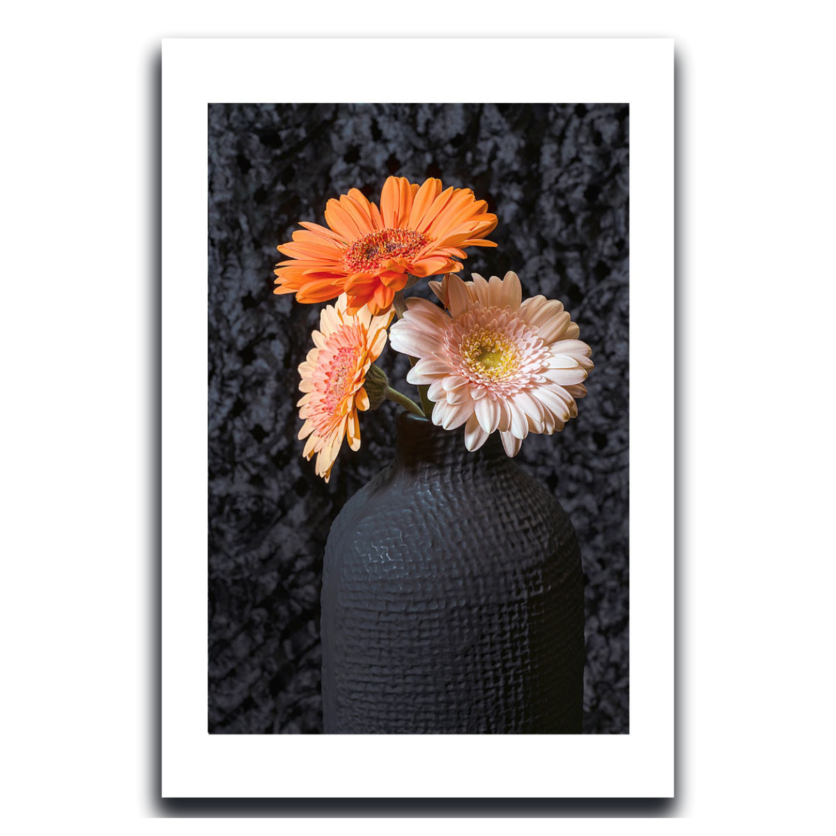 Decorative vase with orange and pink flowers against a textured black background  ~ Fine Art Photography by Ivo Titzin ~ Gito Luxury Wall Art 