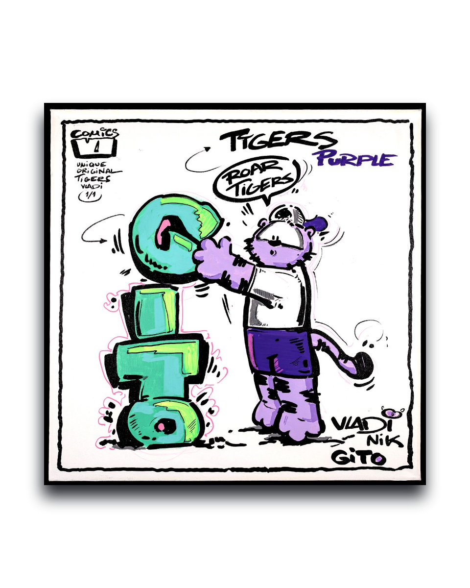 Gito Fine Art Print - Art Vladi Vl Comics - Tigers
A framed art print featuring a cartoon tiger character stacking green letters to spell 'TIGERS' with the words 'TIGERS PURPLE' in speech. The print has a black border and is shown against a white background with a soft drop shadow.