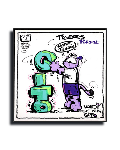 Gito Fine Art Print - Art Vladi Vl Comics - Tigers
A square art print or album cover featuring a cartoon tiger character assembling green letters into the word 'TIGERS' with the words 'Tigers Purple' at the top. The artwork has a black hand-drawn border on a white background, with visible signatures and text including 'Comics 1', 'Official Special Edition (SE)', 'Vlad Nik Gito', and 'Prof.