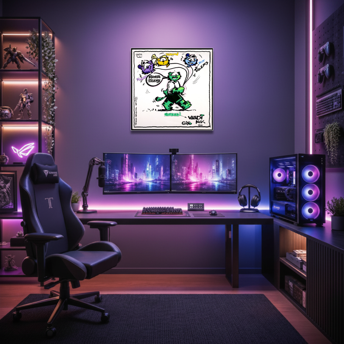 Gito Fine Art Print - Art Vladi Vl Comics - Tigers
A modern gaming room setup with a black gaming chair, dual monitors, a custom PC tower with glowing purple fans, shelving, and a framed cartoon-style wall art print centered above the desk.