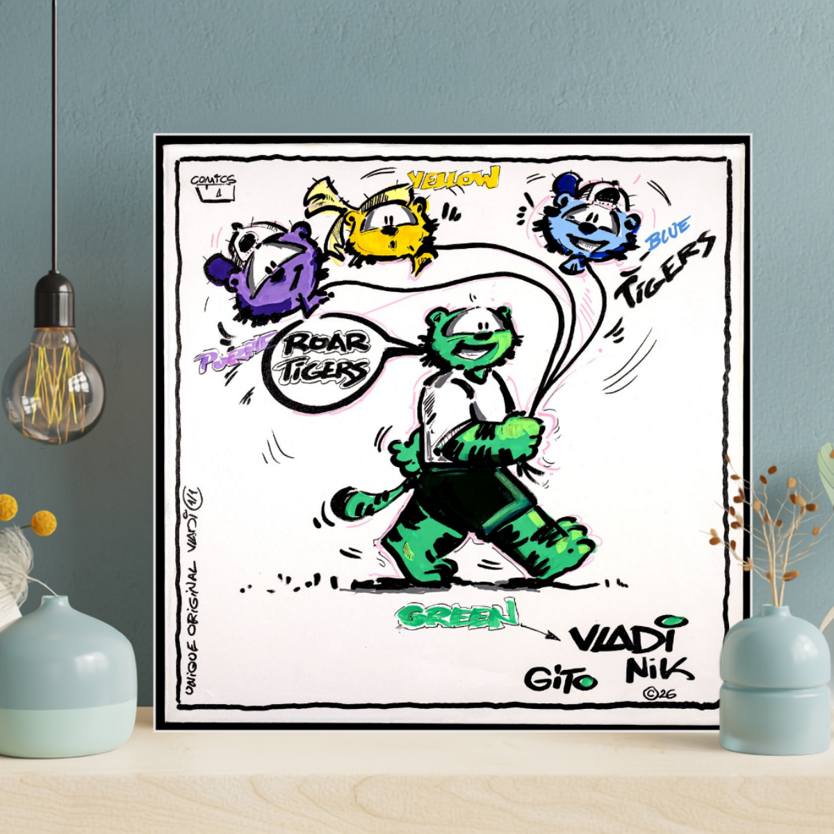 Gito Fine Art Print - Art Vladi Vl Comics - Tigers
A framed cartoon art print featuring a green roaring tiger with speech bubbles reading 'ROAR TIGERS' and names like 'VIADT', 'GITO', and 'Nik' in a styled interior setting.
