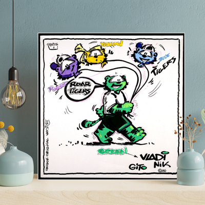 Gito Fine Art Print - Art Vladi Vl Comics - Tigers
A framed cartoon art print featuring a green roaring tiger with speech bubbles reading 'ROAR TIGERS' and names like 'VIADT', 'GITO', and 'Nik' in a styled interior setting.
