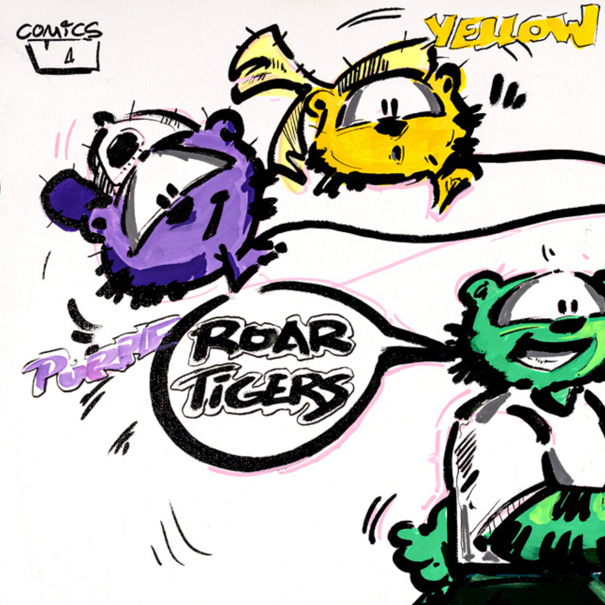 Gito Fine Art Print - Art Vladi Vl Comics - Tigers
Comic-style illustration with three cartoon tiger-like animals in purple, yellow, and green, plus speech bubbles reading 'COMICS', 'YELLOW', and 'ROAR TIGERS' on a white background.