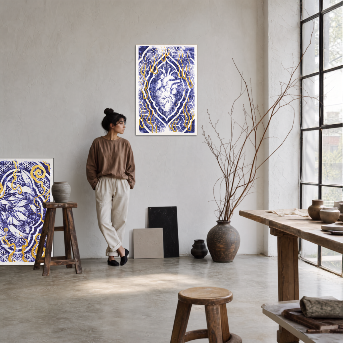 A woman stands in a minimalist studio room wearing a brown sweatshirt and cream pants, looking at a framed blue anatomical heart art print hanging on the wall. Another framed print is visible on the left, with ceramic vases, wooden stools, and a large window on the right.