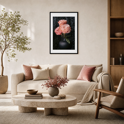 Living room with beige sofa, coffee table, and wall art of pink roses. ~ Hybrid Tea Rose ~ Fine Art Photography by Ivo Titzin ~ Limited edittion Luxury Wall Art by Gito 
