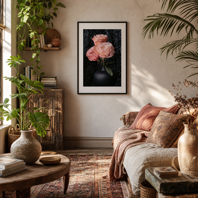 Cozy living room with a sofa, coffee table, and wall art of pink roses. ~ Hybrid Tea Rose ~ Fine Art Photography by Ivo Titzin ~ Limited edittion Luxury Wall Art by Gito 