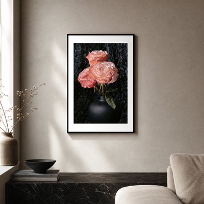 Framed artwork of pink roses on a wall in a living room setting. ~ Hybrid Tea Rose ~ Fine Art Photography by Ivo Titzin ~ Limited edittion Luxury Wall Art by Gito 