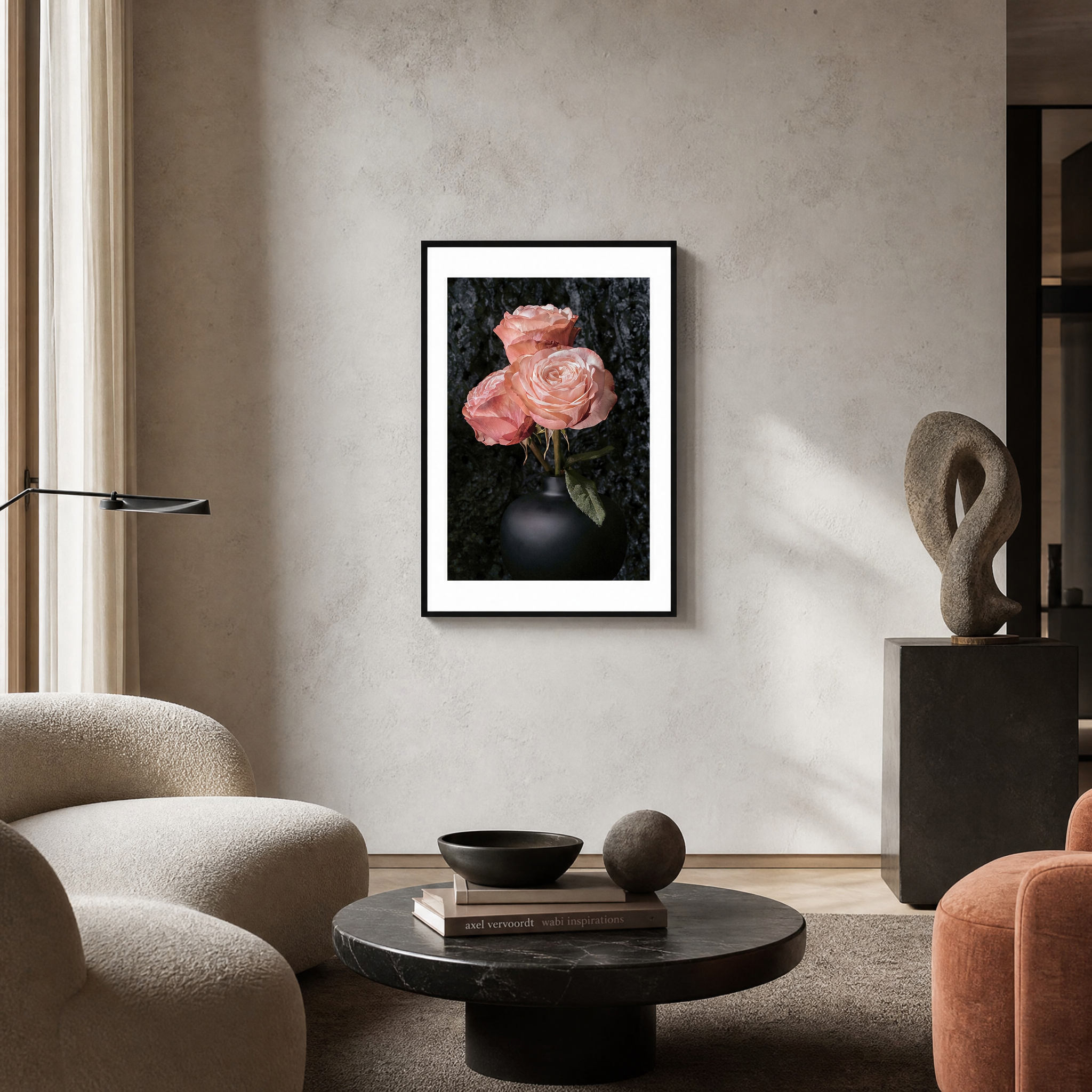 Framed artwork of pink roses on a wall in a modern living room. ~ Hybrid Tea Rose ~ Fine Art Photography by Ivo Titzin ~ Limited edittion Luxury Wall Art by Gito 