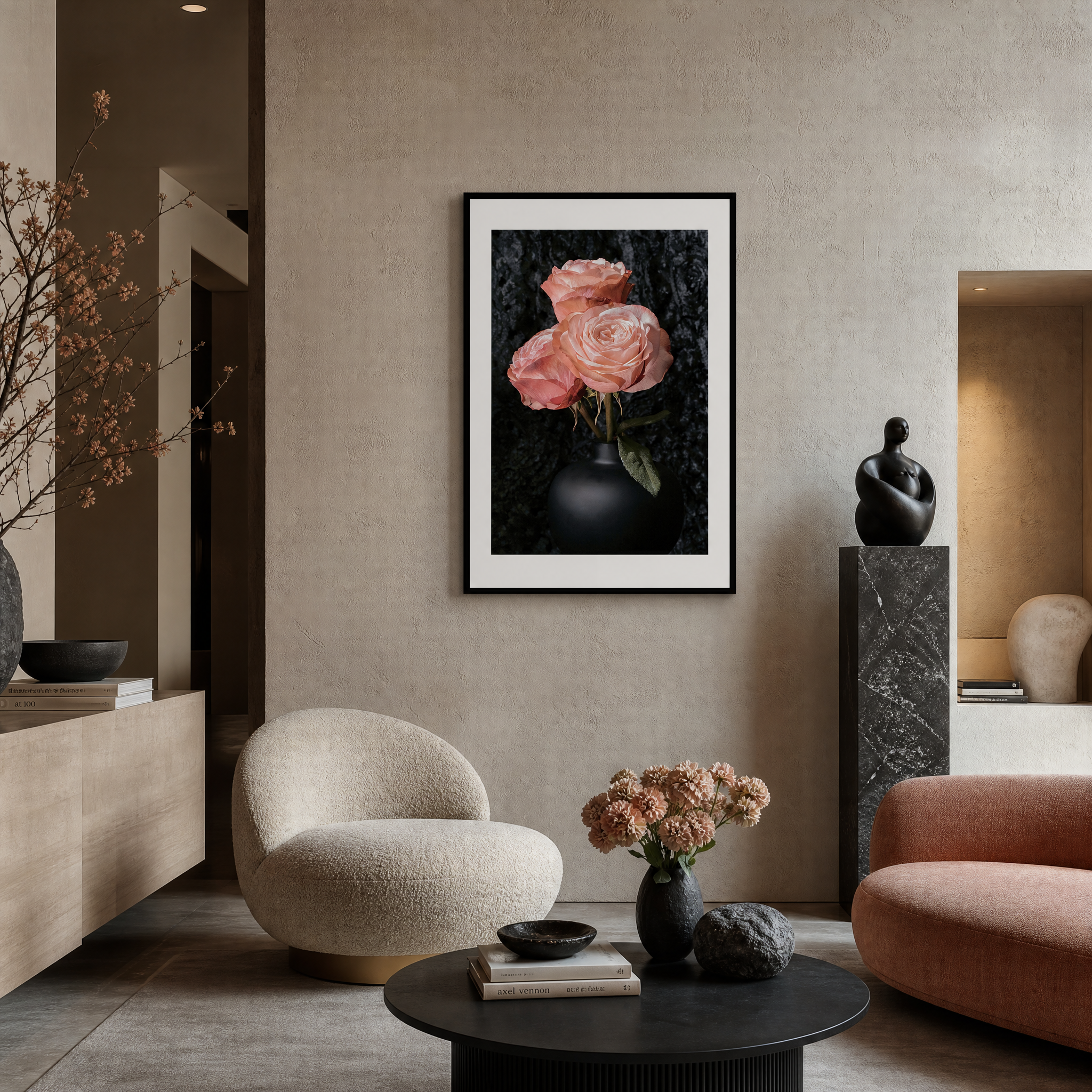 Modern living room with a framed artwork of pink roses on a beige wall. ~ Hybrid Tea Rose ~ Fine Art Photography by Ivo Titzin ~ Limited edittion Luxury Wall Art by Gito 