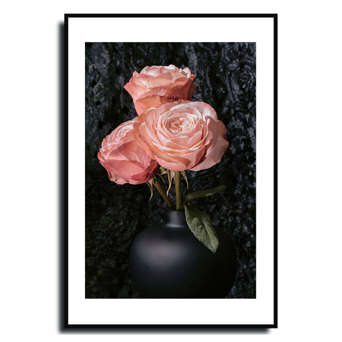 Framed artwork of pink roses in a dark vase against a black background ~ Hybrid Tea Rose ~ Fine Art Photography by Ivo Titzin ~ Limited edittion Luxury Wall Art by Gito 