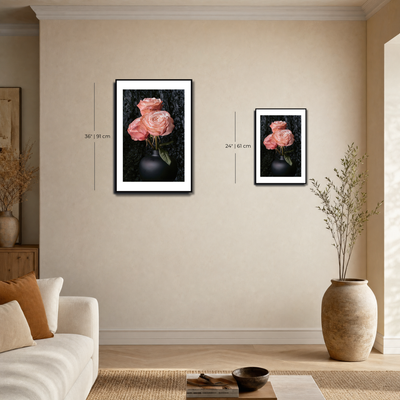 Two framed pictures of pink roses on a beige wall with a living room setting. ~ Hybrid Tea Rose ~ Fine Art Photography by Ivo Titzin ~ Limited edittion Luxury Wall Art by Gito 