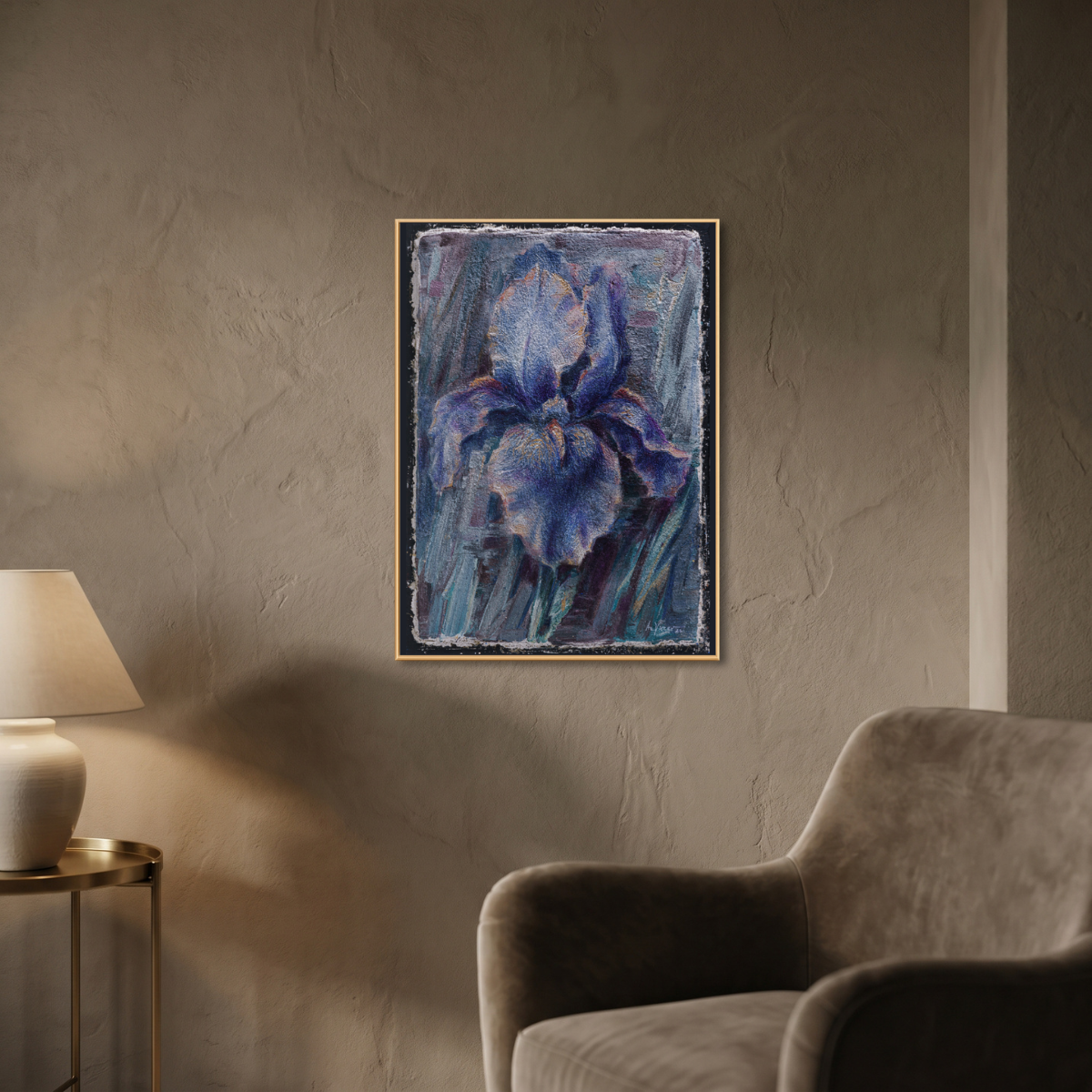 Framed artwork of a purple flower on a beige wall above a chair.
Iris - Print of Buon Fresco Original Painting by Alexander Yuzev photographed for GIto Art & Decor - High Quality Art Print - framed wall decor