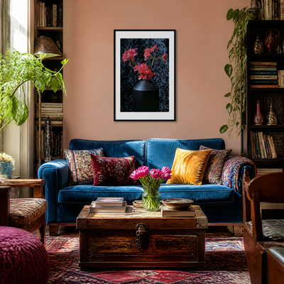 Cozy living room with a blue sofa, wooden coffee table, and floral arrangement. ~ Fine Art Photography by Ivo Titzin ~ Black Series ~ Limited edittion Wall Art by Gito