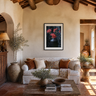 Living room with a white sofa, wooden coffee table, and framed artwork on the wall. ~ Fine Art Photography by Ivo Titzin ~ Black Series ~ Limited edittion Wall Art by Gito