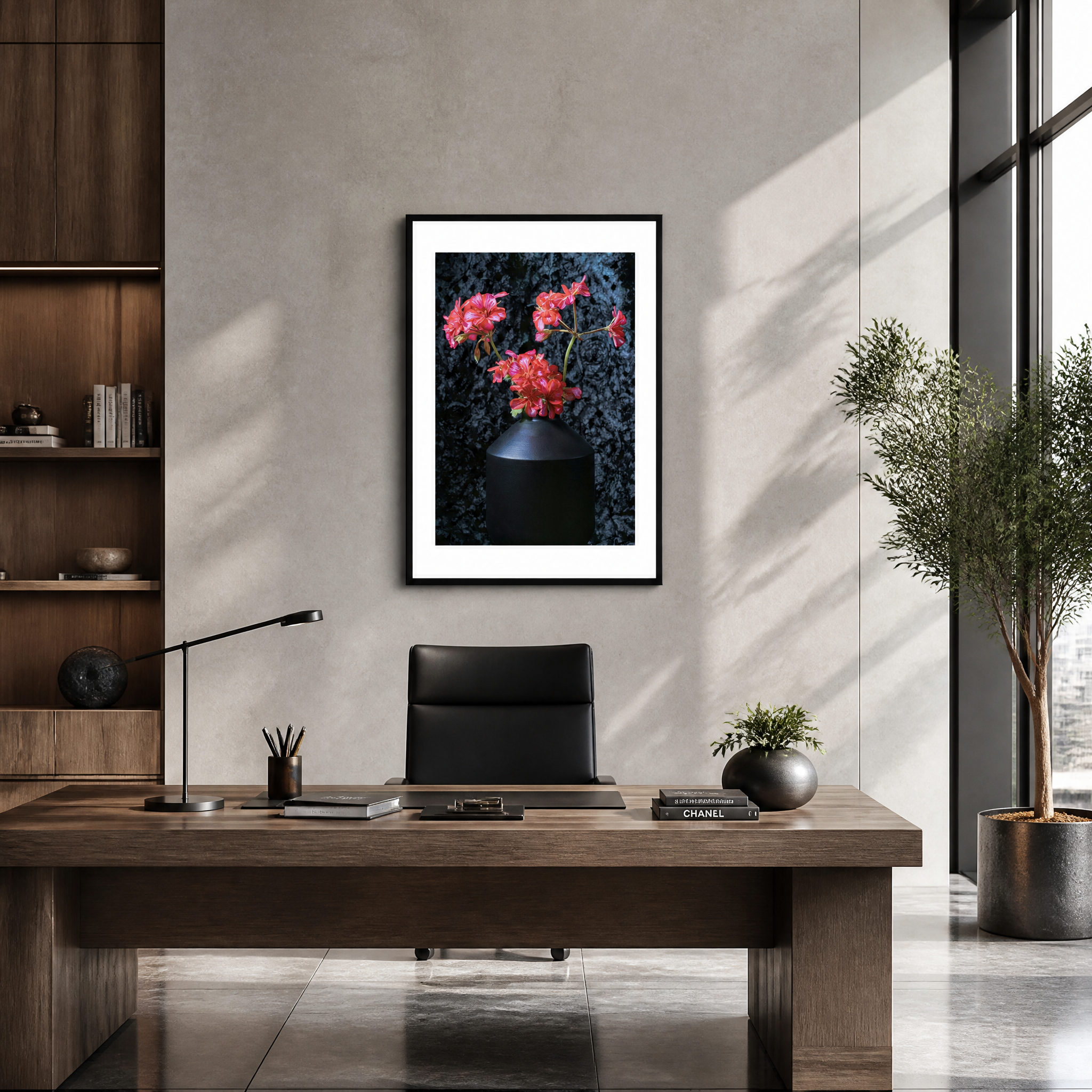Modern office interior with a desk, chair, and framed artwork on a wall. ~ Fine Art Photography by Ivo Titzin ~ Black Series ~ Limited edittion Wall Art by Gito