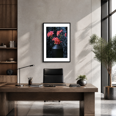 Modern office interior with a desk, chair, and framed artwork on a wall. ~ Fine Art Photography by Ivo Titzin ~ Black Series ~ Limited edittion Wall Art by Gito